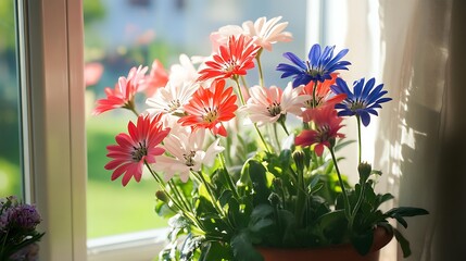 Vibrant flowers in a pot by a window in sunlight.
