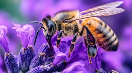 Close-up view of a bee on a vibrant purple lavender blossom.