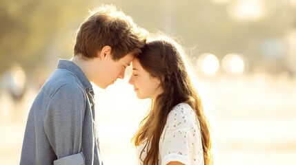 Fototapeta premium A young couple share a gentle affectionate moment in the warm soft light of their surroundings