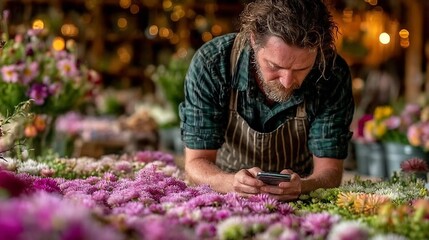 Florist uses phone amidst vibrant flower blooms.