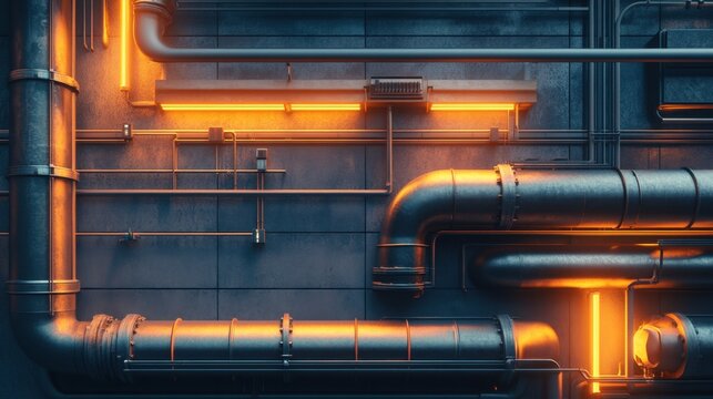 A complex array of gold ducts and industrial ventilation equipment glowing under ambient lighting