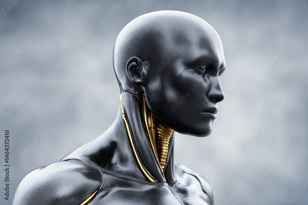 Poster sleek humanoid figure depicted in monochromatic styling highlighting intricate design elements and f