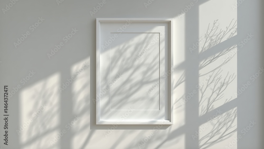 Poster minimalist white frame on a wall with window shadows and tree branch patterns cast by sunlight.