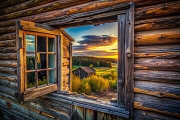 Obraz premium Aerial View: Broken Window, Old Wooden Finnish Building - Drone Photography, Rustic Finland Architecture