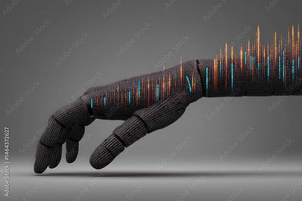 Poster innovative robotic hand extending with bright data visualization showcasing digital transformation a