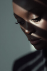 minimalistic mockup showcasing models face soft lighting highlighting features with blurred sunny background