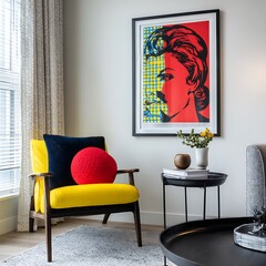 Living room featuring a yellow chair, colorful artwork, and modern decor in a stylish interior space