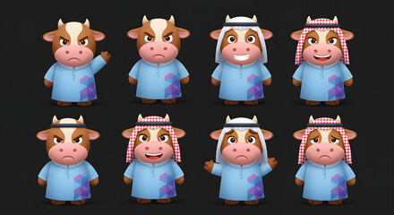 3D, illustration, cow sticker set