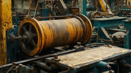 A factory machine with exposed mechanical gears and pulleys, covered in layers of rust and oil