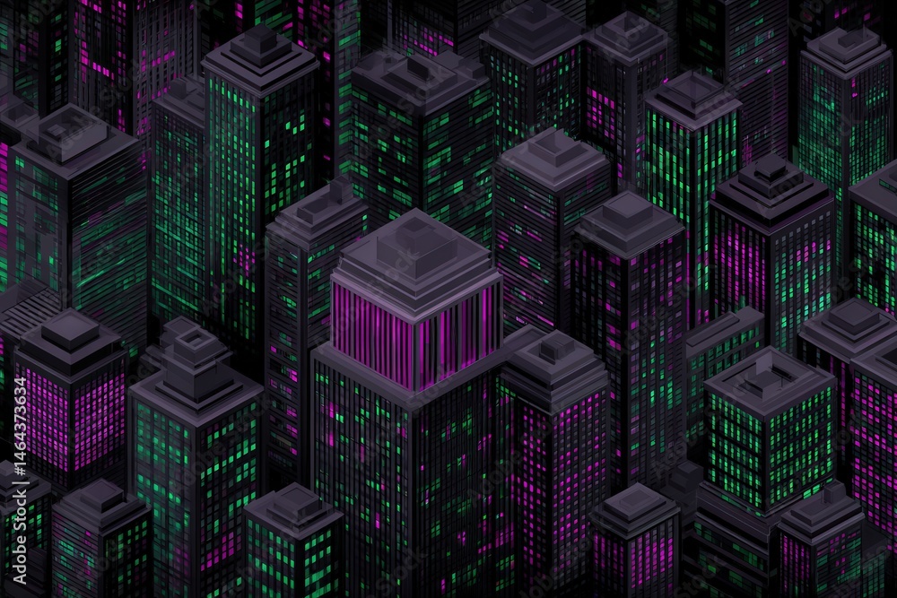 Poster modern cityscape featuring vibrant illuminated skyscrapers in a high-tech urban environment showcasi