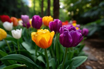Blooming Colorful Tulips in Garden Displaying Variety of Vibrant Spring Colors