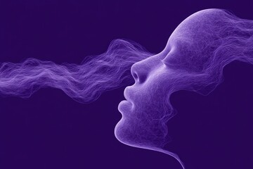 Ethereal representation of a human face formed by wisps of purple energy exhaling a misty glow creating a dreamlike atmosphere capturing the essence of emotional expression and surreal beauty