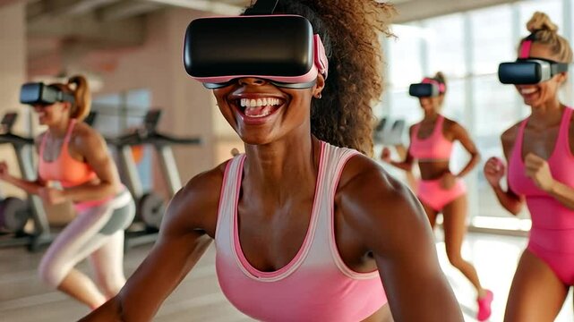 Joyful women in pink sportswear participate in a virtual reality fitness class. Bright lighting illuminates the gym setting, showcasing their energetic movements and smiles as they use VR headsets