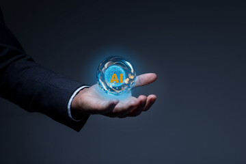 Hand Holding Glowing AI Sphere in Dark Background