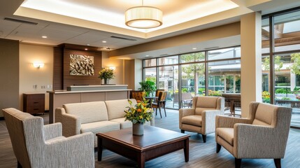 A stylish and comfortable waiting area provides a relaxing space with inviting seating and a bright view of the outdoors, foste a welcoming atmosphere.