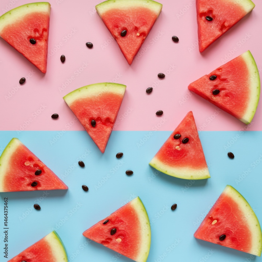 Poster watermelon slices with seeds on a split pink and blue background creating a summery pattern