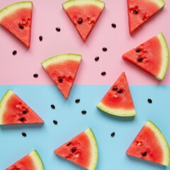 Watermelon slices with seeds on a split pink and blue background creating a summery pattern