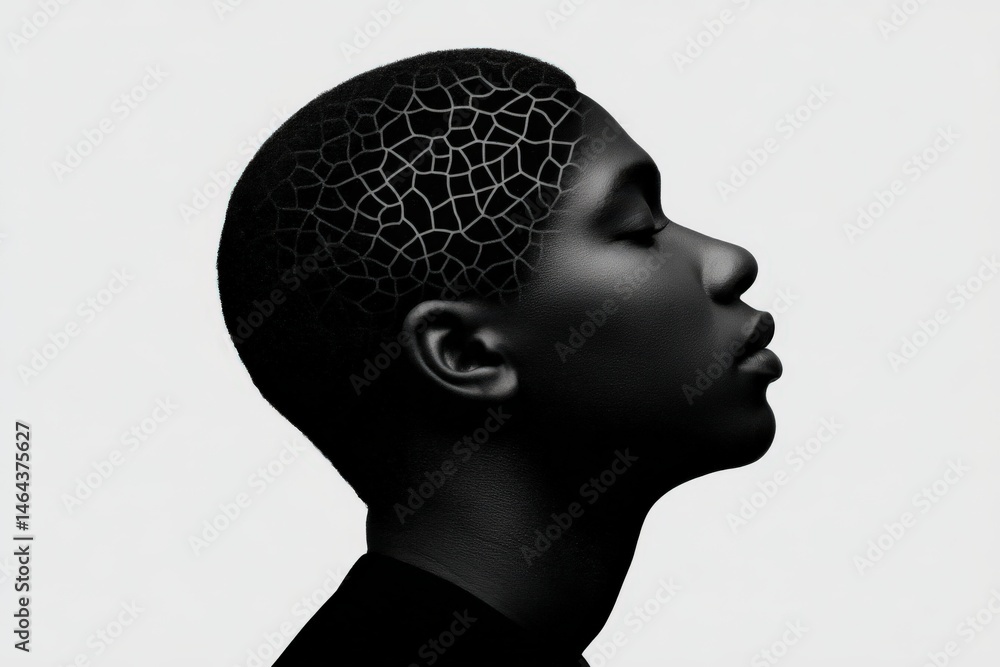 Poster profile portrait of a black individual with intricate geometric patterns on the head showcasing the 