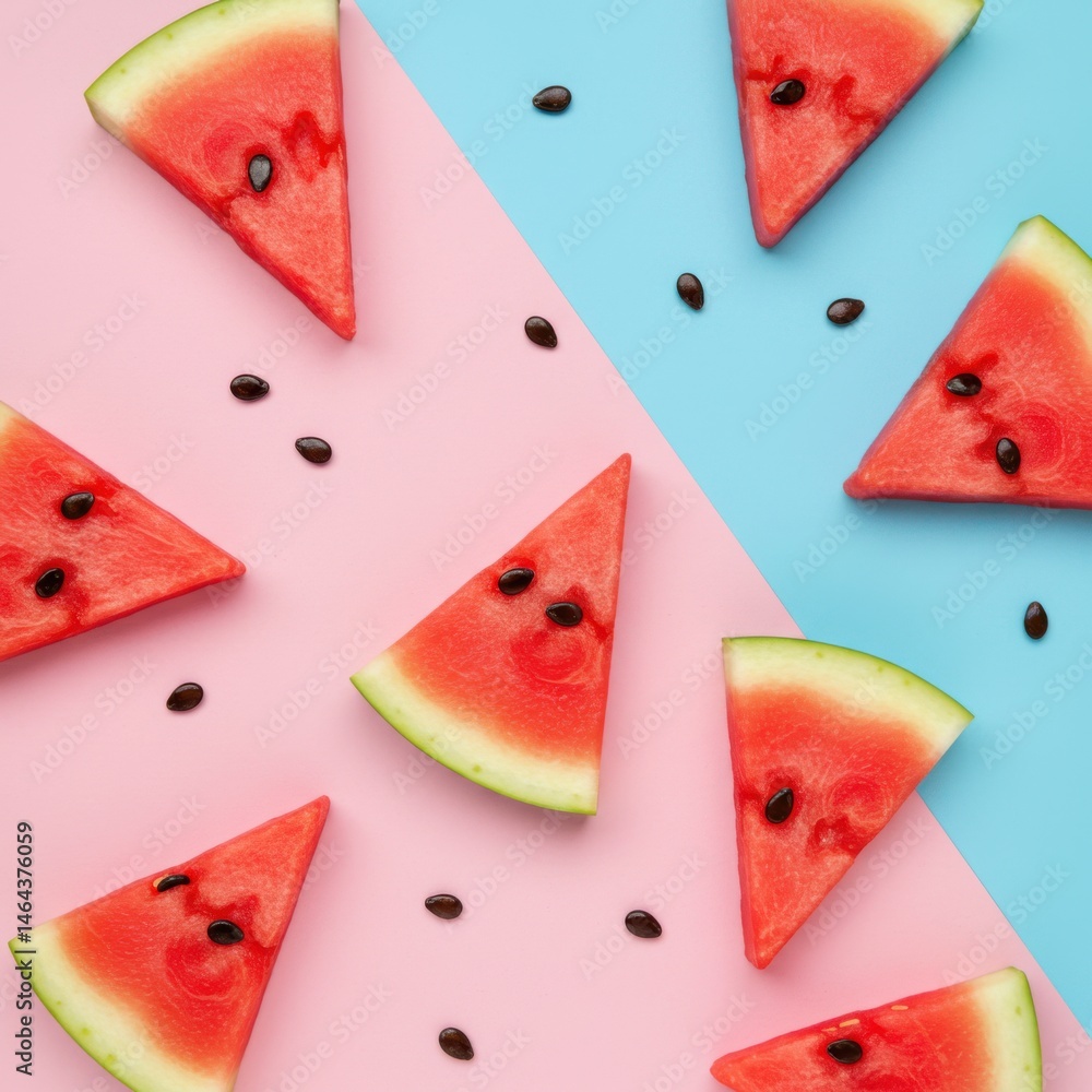 Aufkleber watermelon slices arranged on a pink and blue background with scattered seeds creating a fresh patte