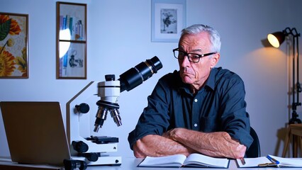 Focused senior scientist analyzing microscope samples, recording data on laptop, conducting late night medical research in professional laboratory setting