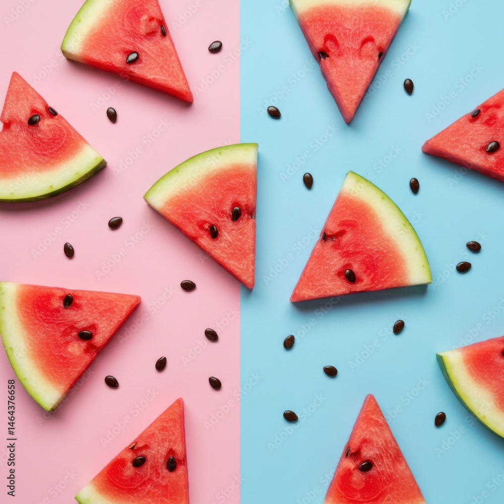 Poster watermelon slices arranged on a pink and blue background with scattered seeds creating a pattern