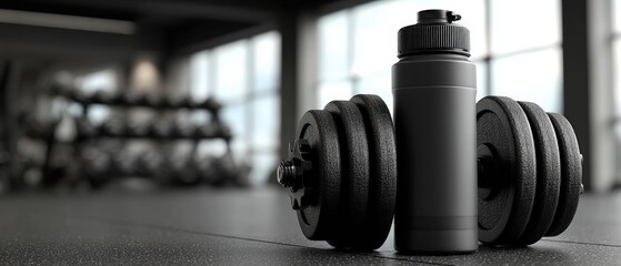 Fototapeta premium A water bottle and two dumbbells rest on the gym floor with workout equipment visible in the background.