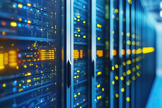 High-tech server racks illuminated with glowing components - Powered by Adobe