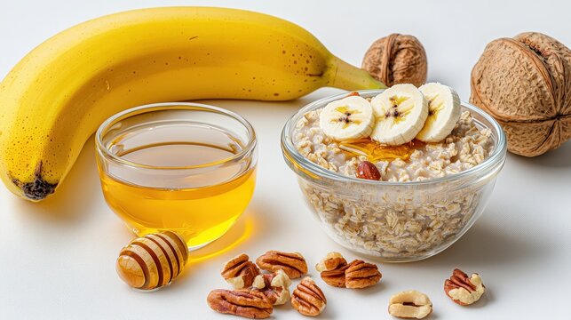 A healthy breakfast including oatmeal topped with banana slices, nuts, and honey accompanied by a fresh banana and a glass of honey sits on a white surface.