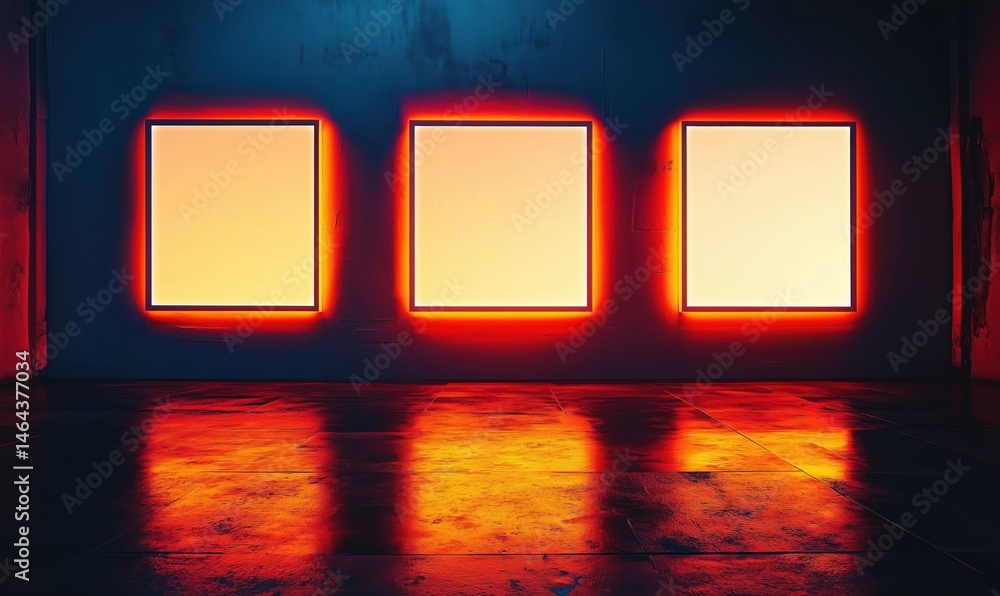 Poster illuminated empty frames in modern gallery with vibrant reflections on floor