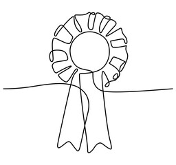 Prize rosette ribbon line art. Line drawing of award badge. EDITABLE stroke. Vector illustration isolated on transparent background.