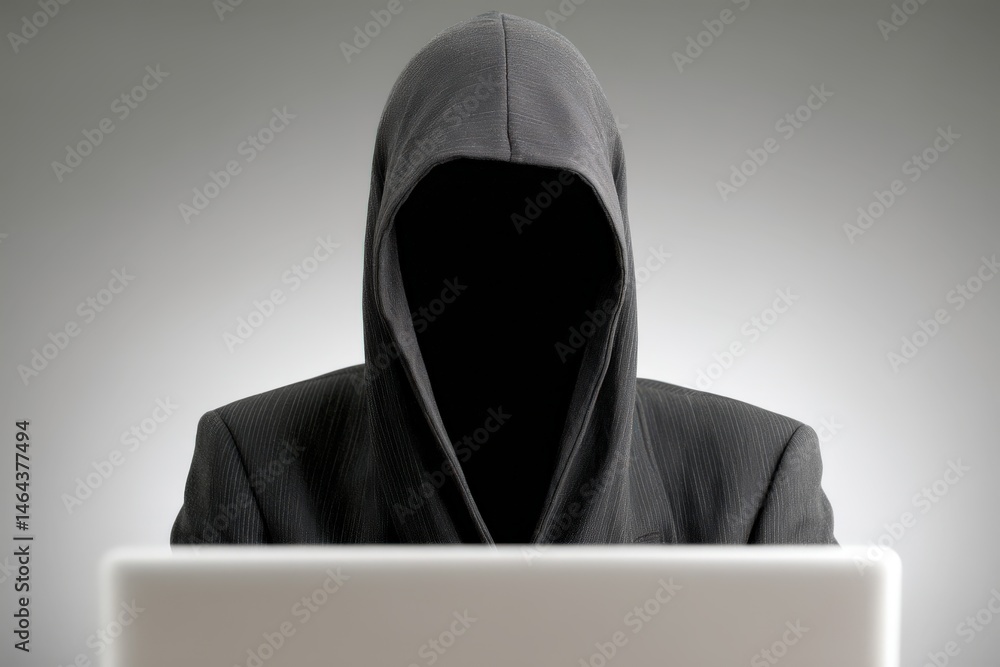 Poster mysterious figure in a dark hoodie engaging with a laptop in a minimalist setting reflecting themes 