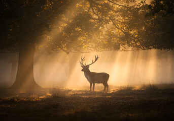 Obraz premium majestic stag silhouette in misty autumn forest with golden sunbeams breaking through trees at dawn 