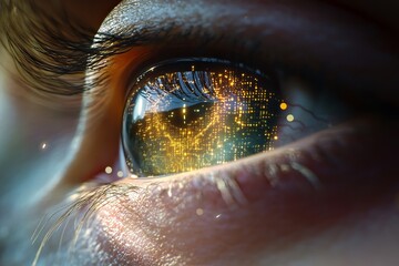 Futuristic close-up of a human eye reflecting a glowing digital network interface