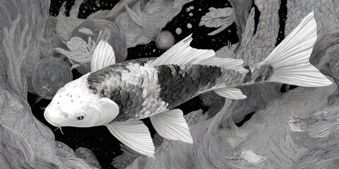 Detailed grayscale koi fish in natural habitat.