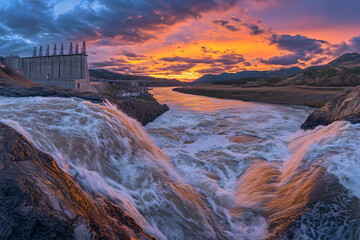Hydroelectric dam with cascading water at vibrant sunset