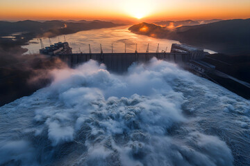 Hydroelectric dam with cascading water at vibrant sunset