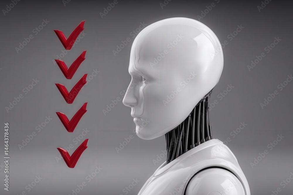 Poster futuristic humanoid robot with mechanical neck and facial features alongside red check marks represe