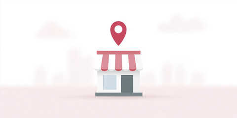 Illustration of a small storefront with a red and white awning, featuring a location pin above, representing local business and community engagement in a minimalistic design