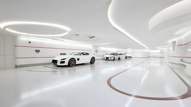 Futuristic and minimalist high end garage featuring a clean white interior design with multiple LED lit parking spaces and an epoxy floor