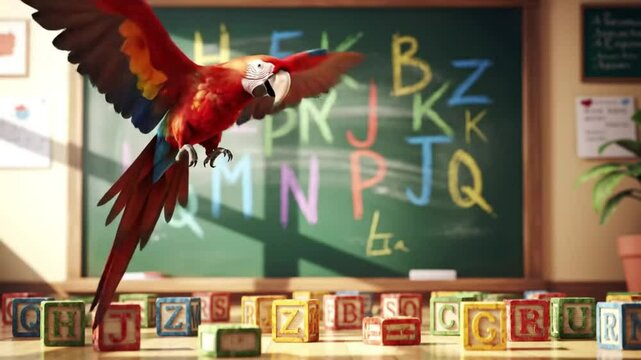 Colorful parrot in classroom