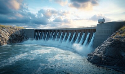 Hydroelectric dam releasing water into river under cloudy sky at sunset