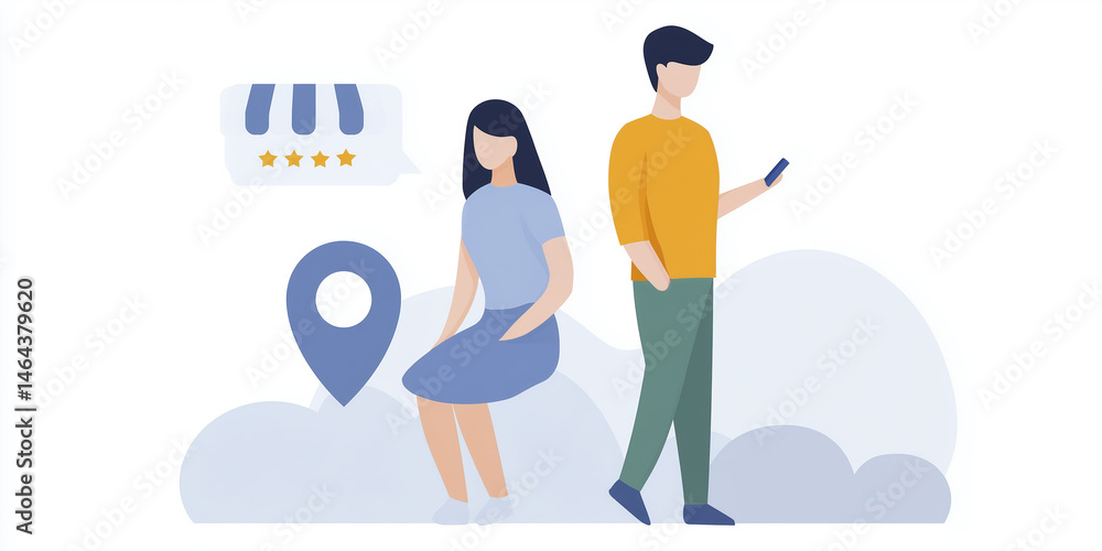 Poster two characters in a flat illustration, one sitting and the other standing, interacting with a smartp