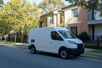 Electric delivery van charging in suburban residential neighborhood with modern houses