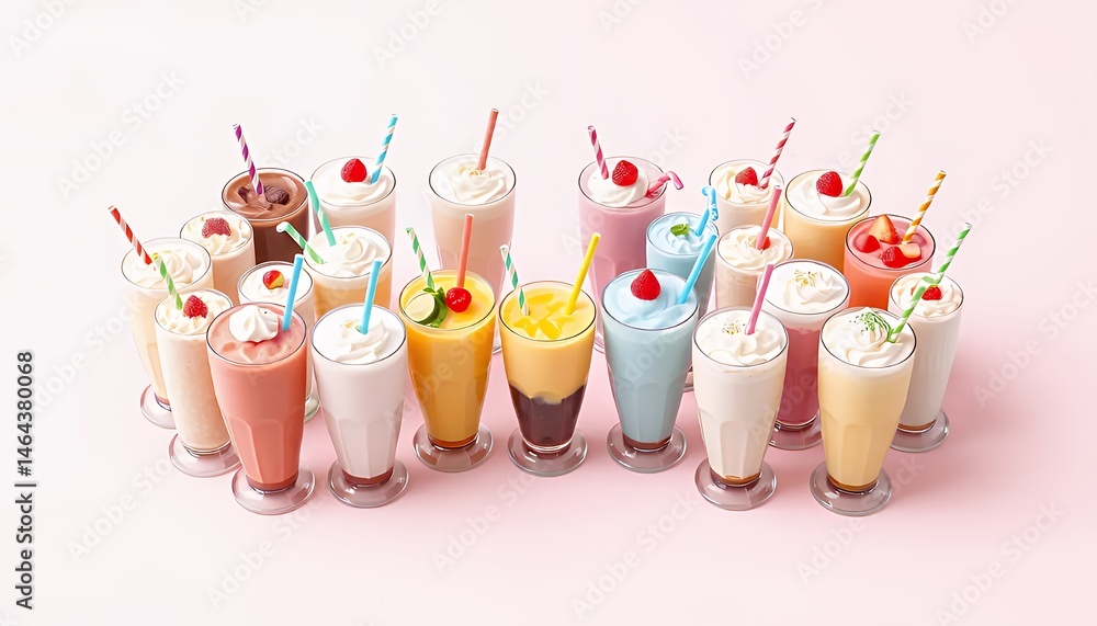 Poster assorted milkshakes topped with whipped cream and straws in a bright studio setting with soft pink b