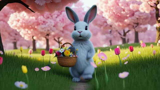 Cute rabbit with flower basket in spring meadow