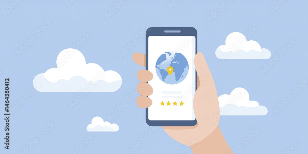 Poster hand holding smartphone displaying world map with location pin and five-star rating, surrounded by f
