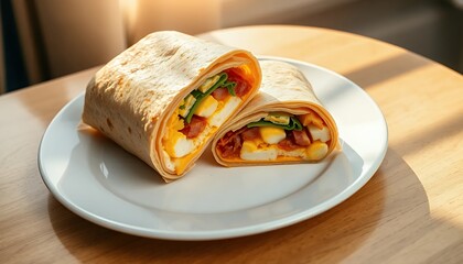Breakfast Wrap Cut on White Plate with Egg Bacon and Spinach Filling and Sunlight on Wood Table