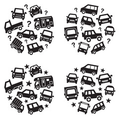 circle icon gallery of various car - silhouette medium size version - question mark and star