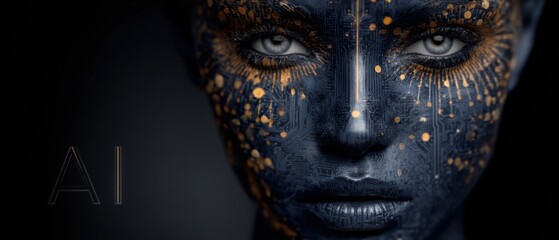 Illuminated ai futuristic face merging humanity and technology