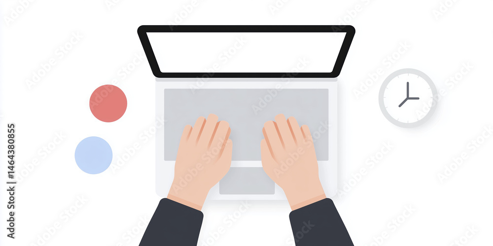 Poster hands typing on a laptop keyboard with a clock and colorful circles nearby, illustrating productivit